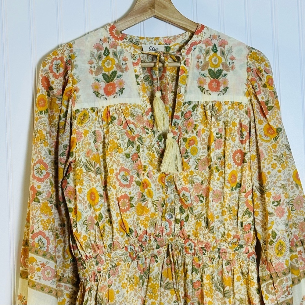 ELAN long sleeve print tie neck dress in cream monterey print Medium Lined - Picture 5 of 10